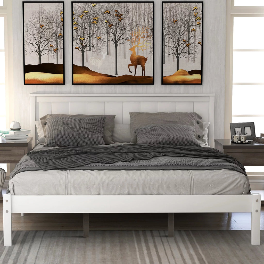 Queen White Wood Platform Bed Frame with Headboard M3676