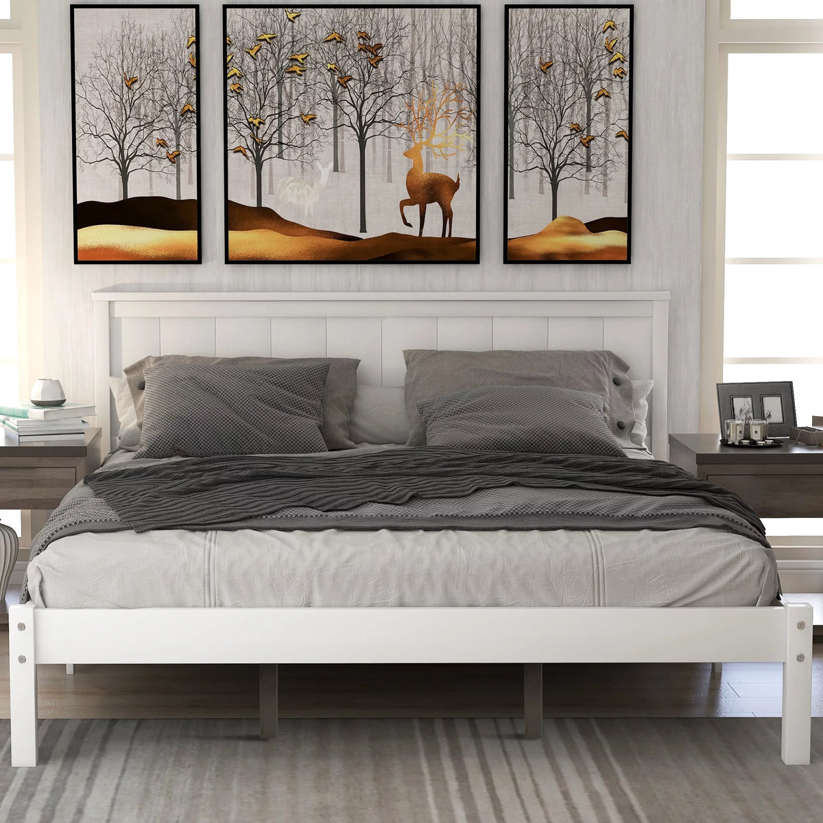 Queen White Wood Platform Bed Frame with Headboard M3676