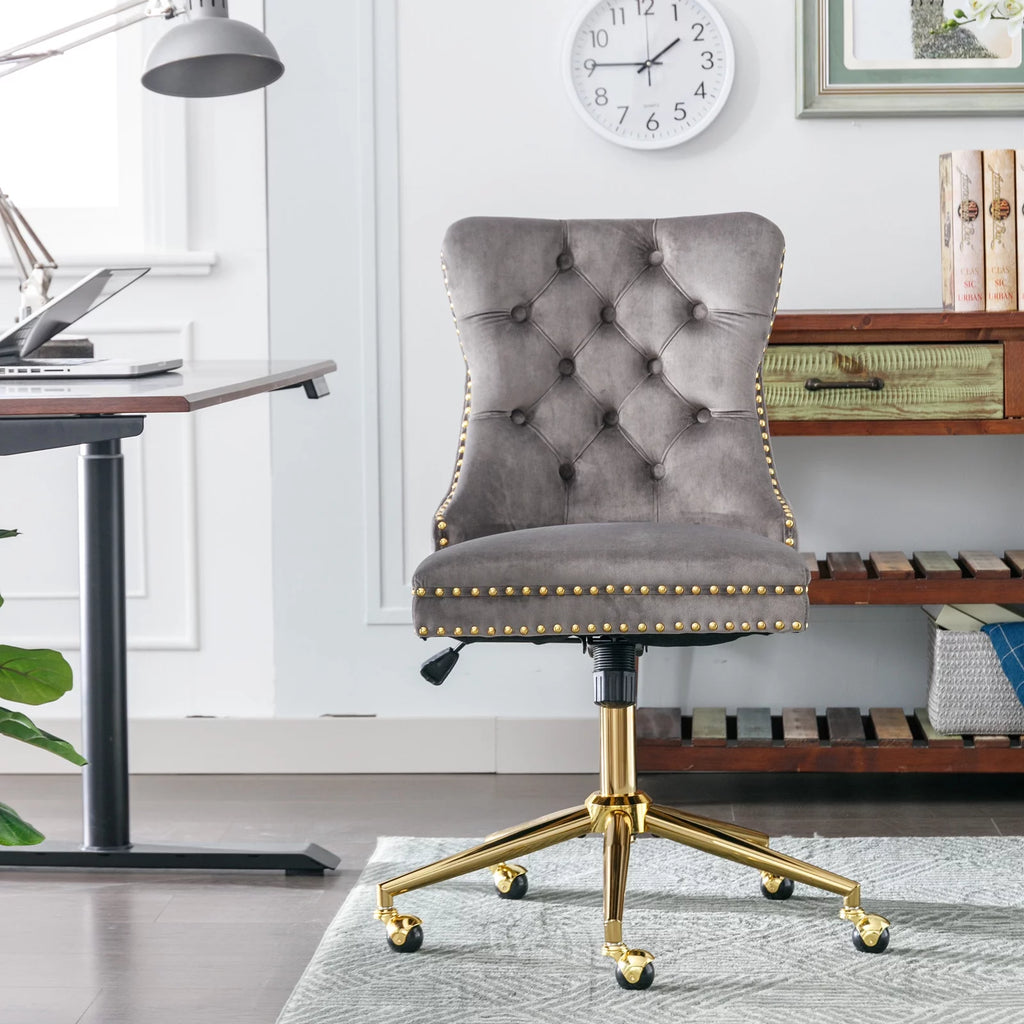 Velvet Upholstered Tufted Office Chair with Golden Metal Base I955873