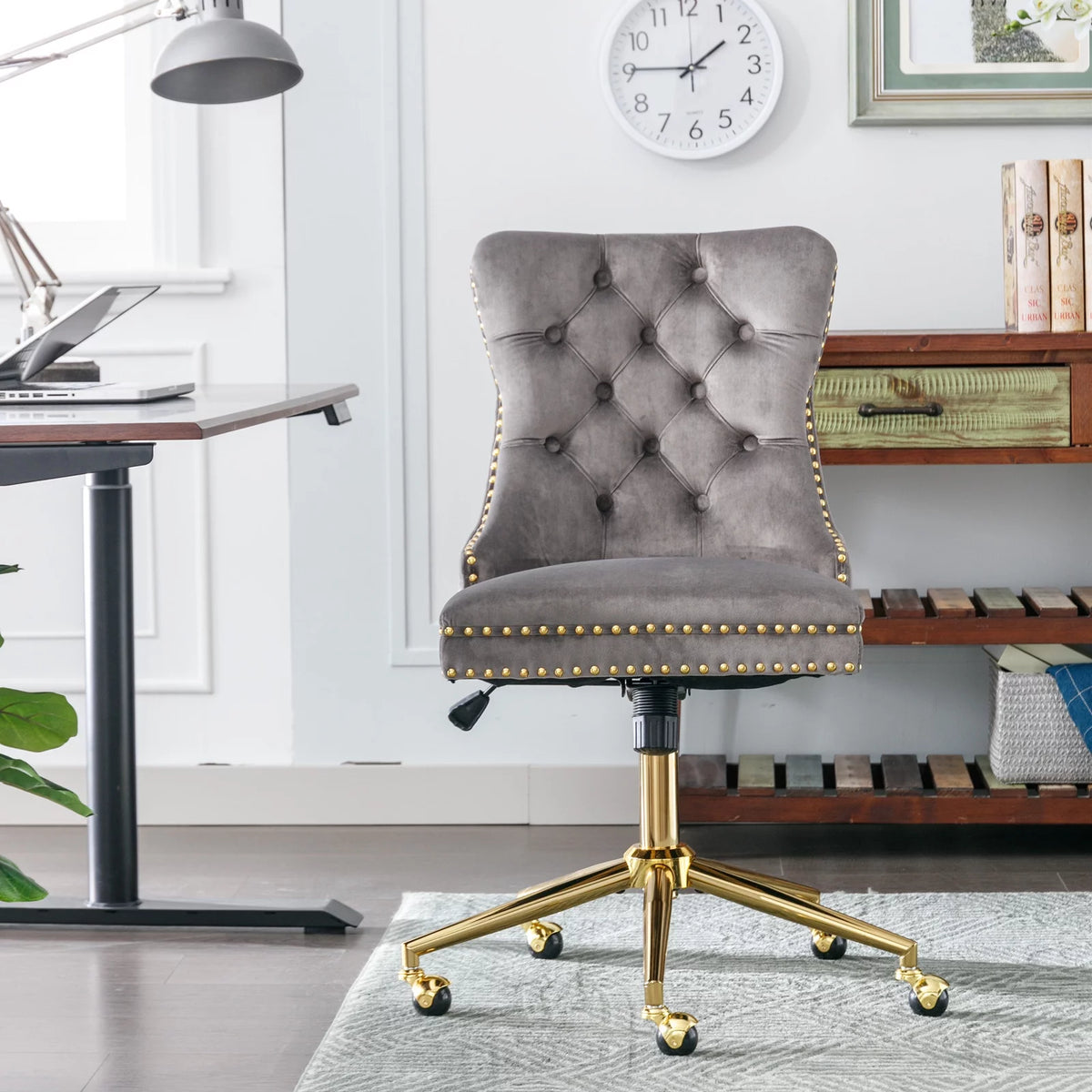 Velvet Upholstered Tufted Office Chair with Golden Metal Base I955873