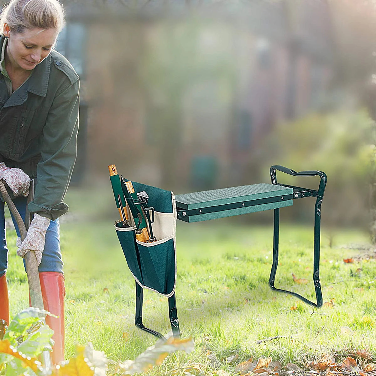 Folding Garden Kneeler Seat Portable Bench Stool with Kneeling Pad Y54520