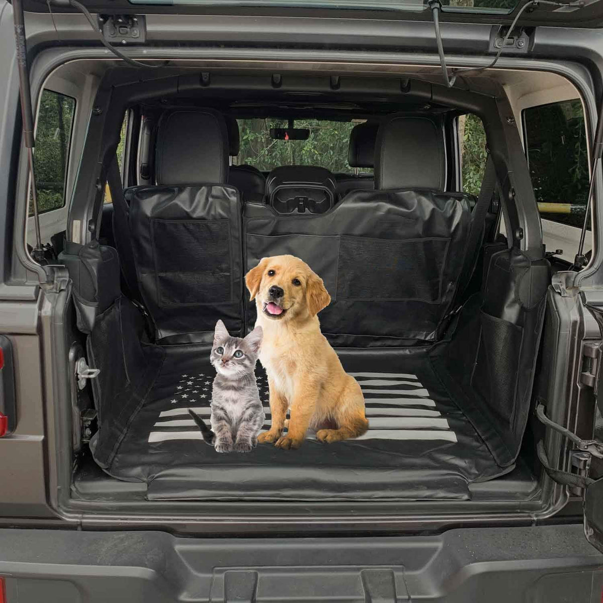 Waterproof Dog Cargo Cover Mat with Corner Protector Washable Durable Pet Trunk Cargo Liner (Black US Flag) T31789