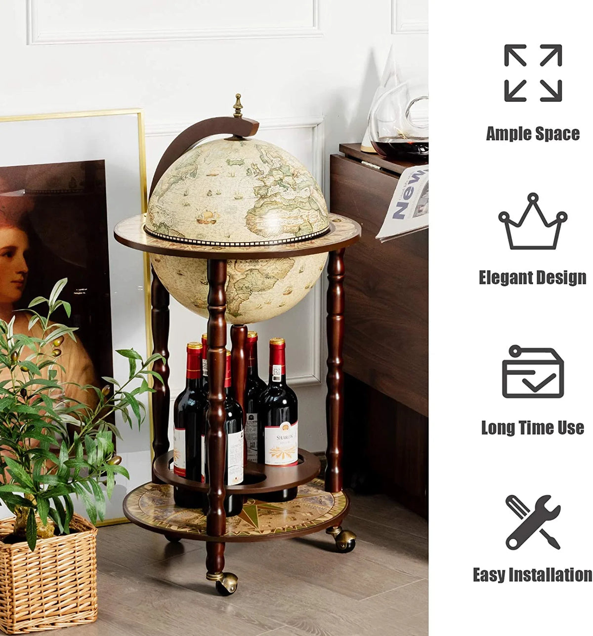 17.5” Creamy White Wood Globe Bar Cart with Wheels J7488