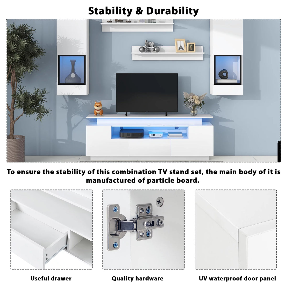 White High Gloss Wall Mounted TV Stand with LED Light Strips D351783