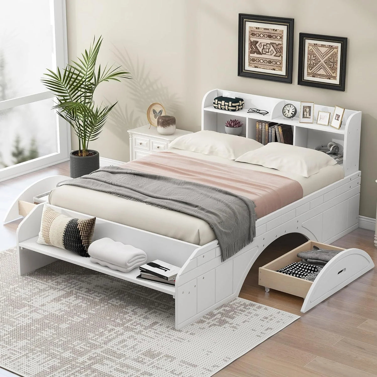 White Wood Full Size Platform Bed with Bookcase Headboard and 2 Drawers F181375
