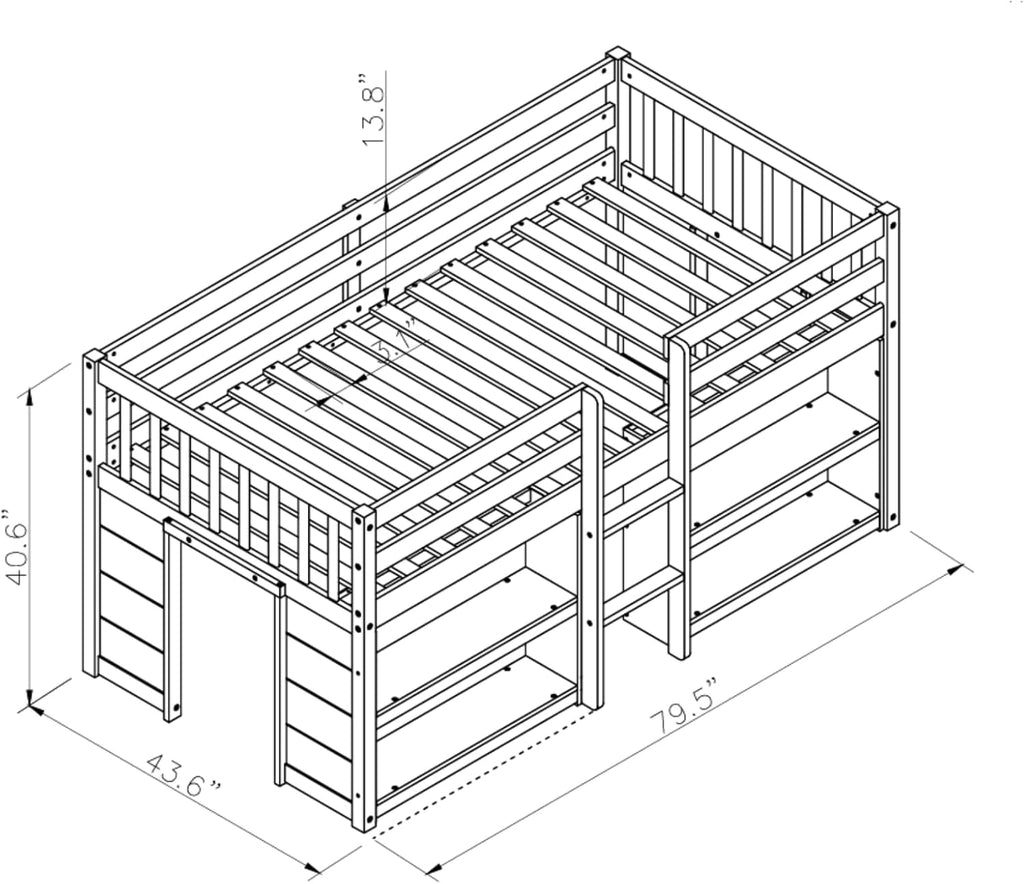Grey LED Twin Low Loft Bed with Storage Shelves C3682