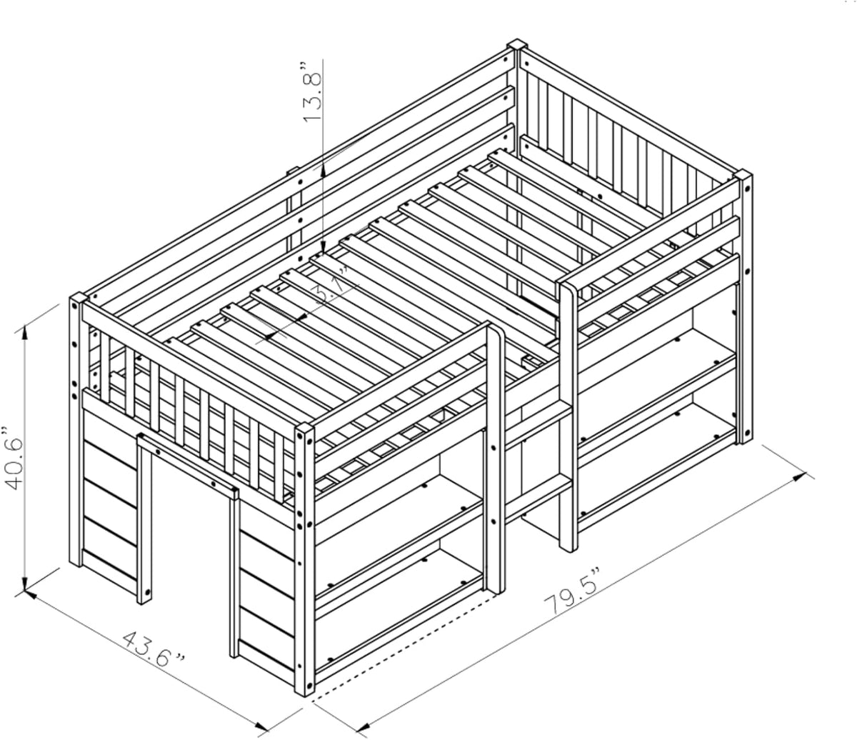 Grey LED Twin Low Loft Bed with Storage Shelves C3682