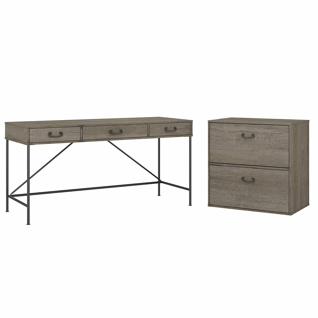 Vintage Golden Pine Writing Desk with Lateral File Cabinet Y47054