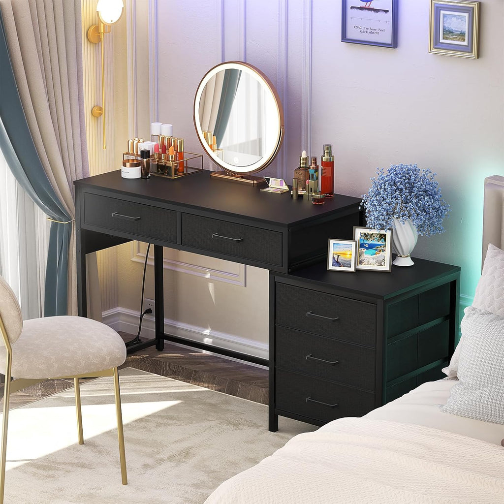 Black Computer Desk with 5 Drawers and Power Outlets T20717