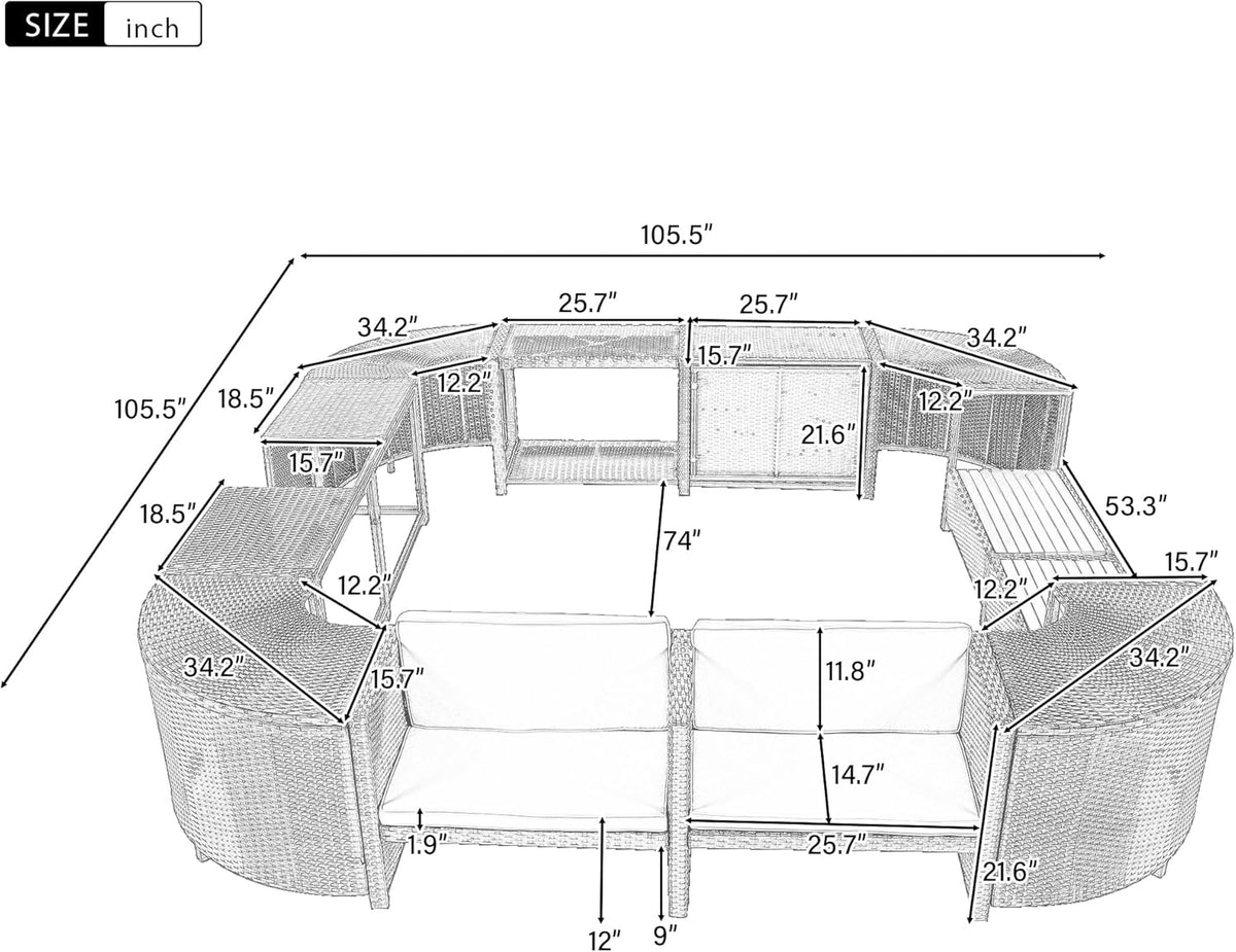 Gray Outdoor Rattan Sectional Sofa with Wooden Seats and Storage H6699