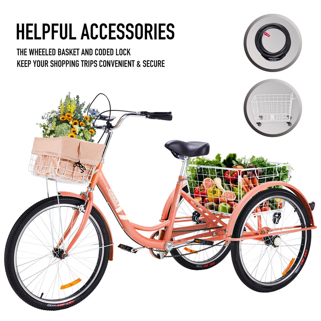 26 Inch Single Speed Adult Tricycle 3 Wheel Bike Pink L40616