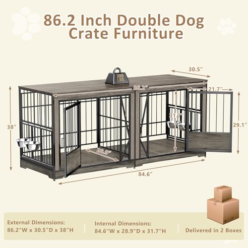 Brown Extra Large Double Dog Crate Furniture with Adjustable Divider V8065