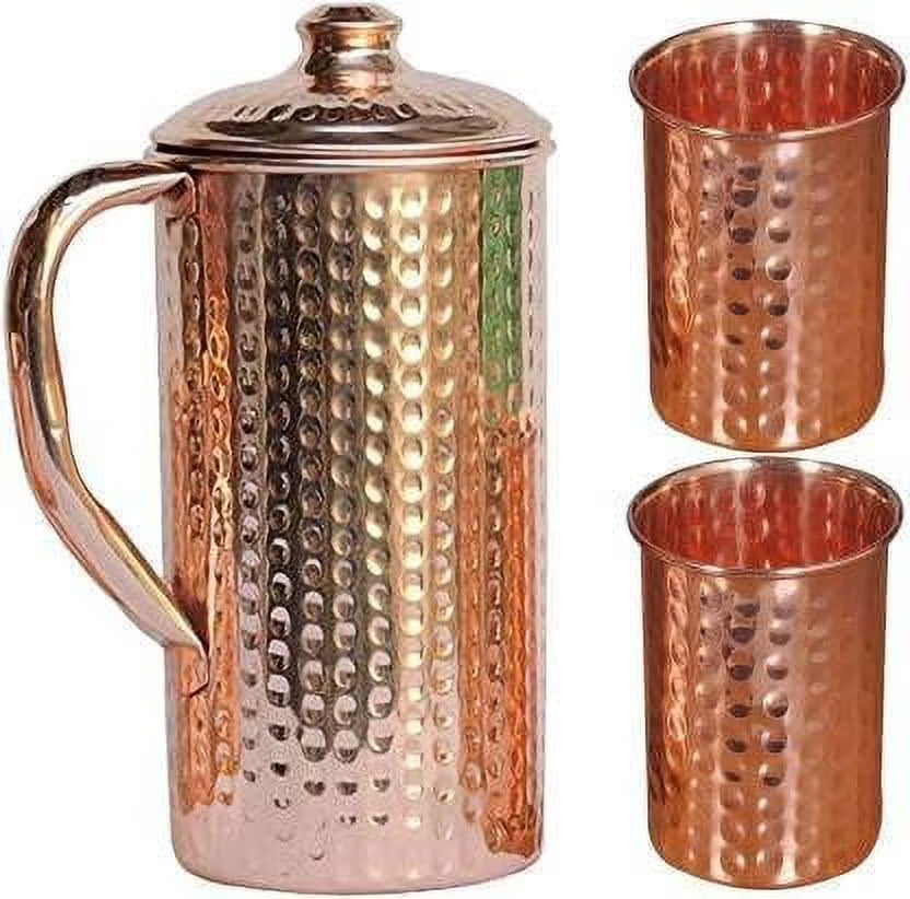 Copper Hammered Pitcher Vessel with 2 Copper Glasses, 1500 ML M220