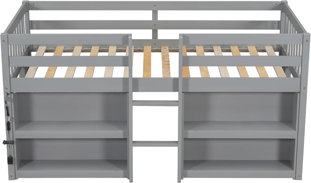 Grey LED Twin Low Loft Bed with Storage Shelves C3682