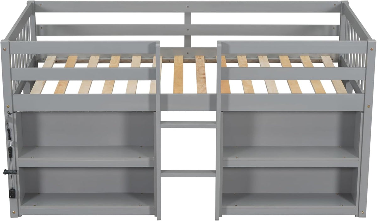 Grey LED Twin Low Loft Bed with Storage Shelves C3682