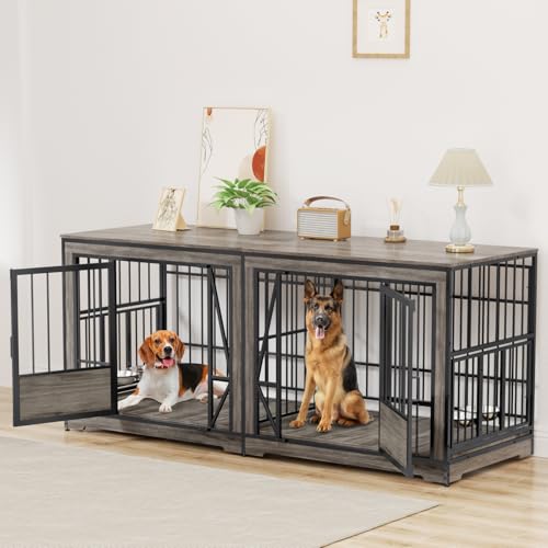 Brown Extra Large Double Dog Crate Furniture with Adjustable Divider V8065