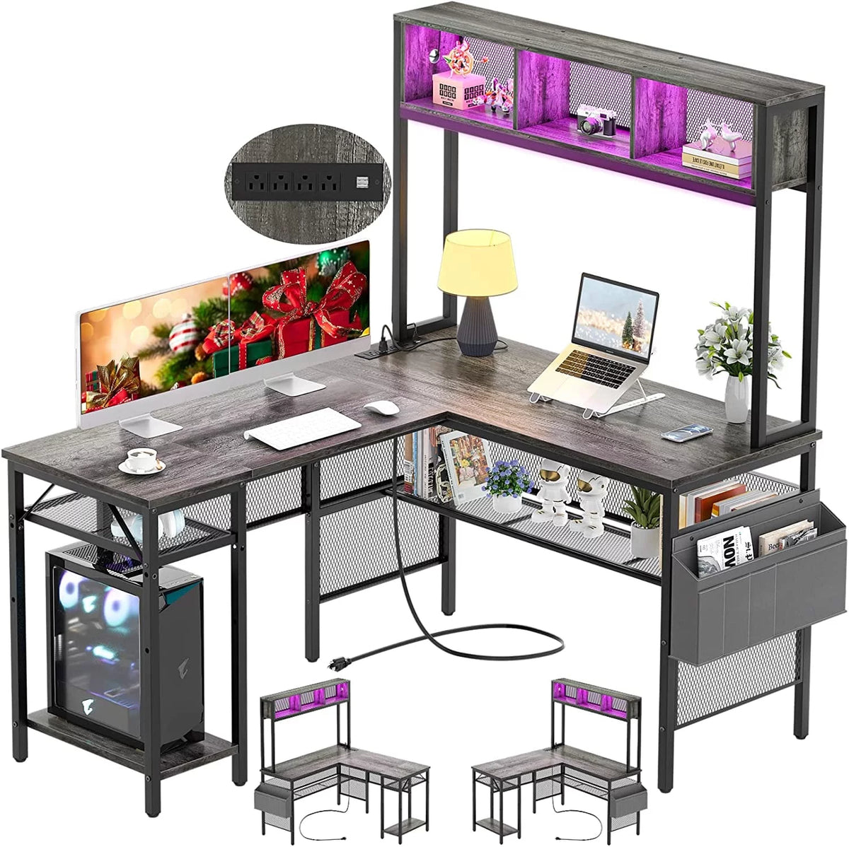 Black Oak L Shaped Desk with Power Outlets and USB Ports C624914
