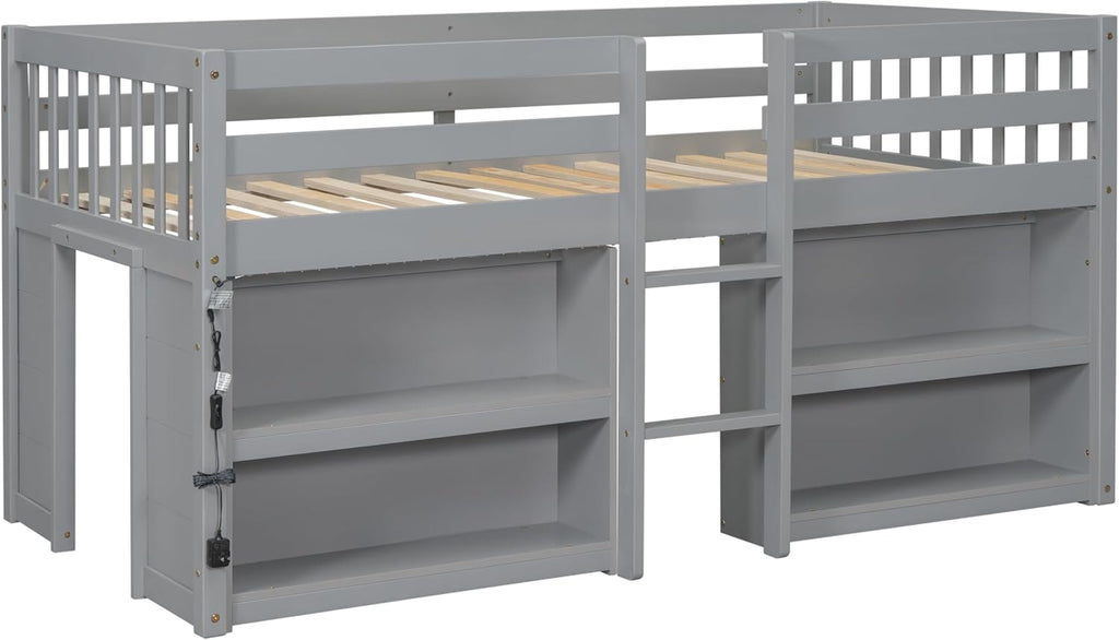 Grey LED Twin Low Loft Bed with Storage Shelves C3682