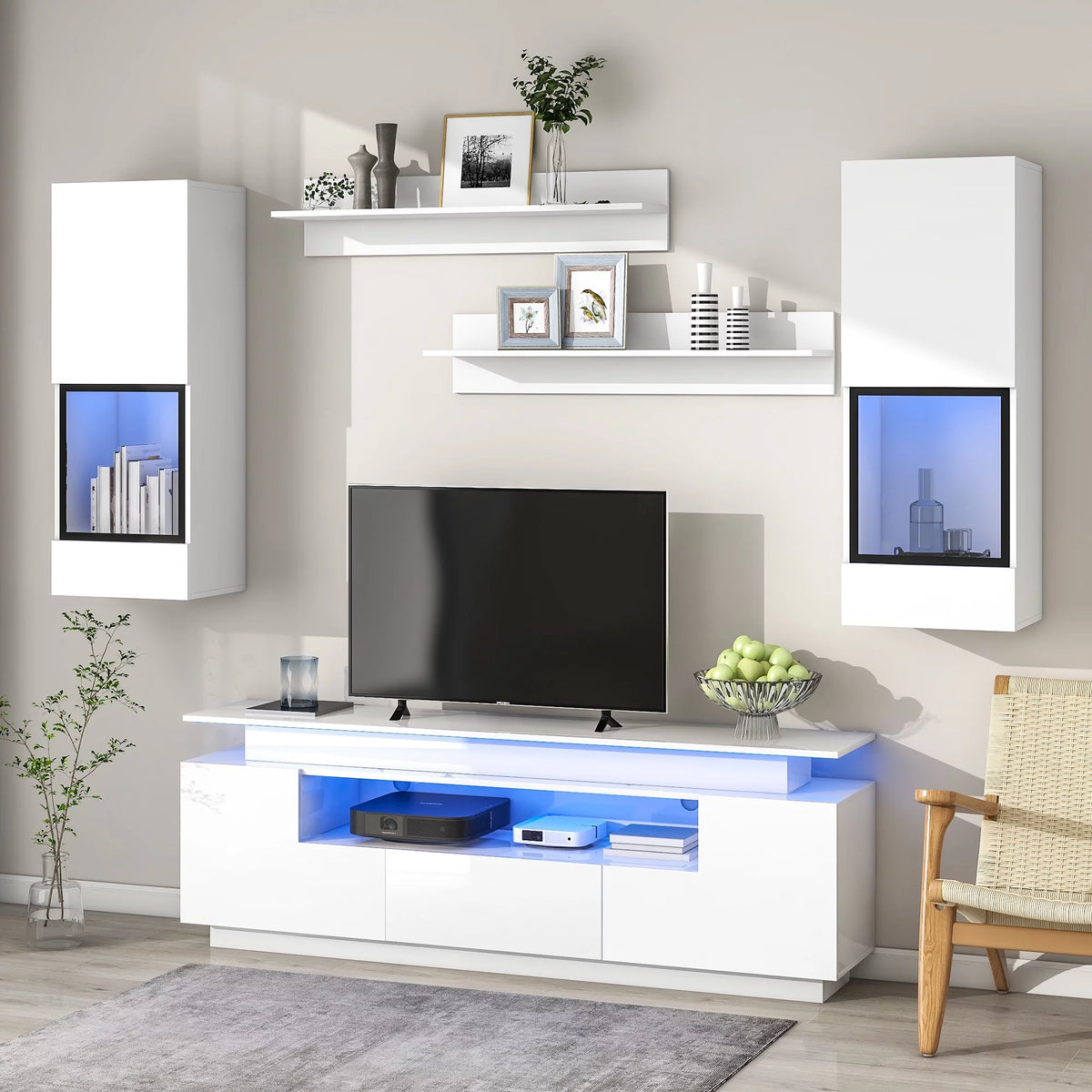 White High Gloss Wall Mounted TV Stand with LED Light Strips D351783