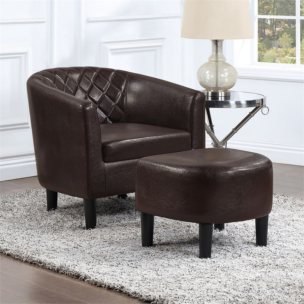 Espresso Faux Leather Fabric Accent Chair with Ottoman J84091