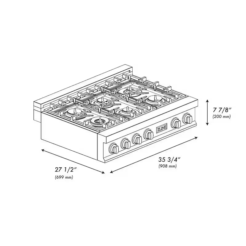 36 in. 6 Burner Gas Cooktop with Gold Knobs in Stainless Steel R6992
