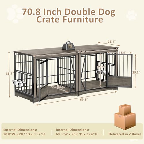 Brown Extra Large Double Dog Crate Furniture with Adjustable Divider V8065