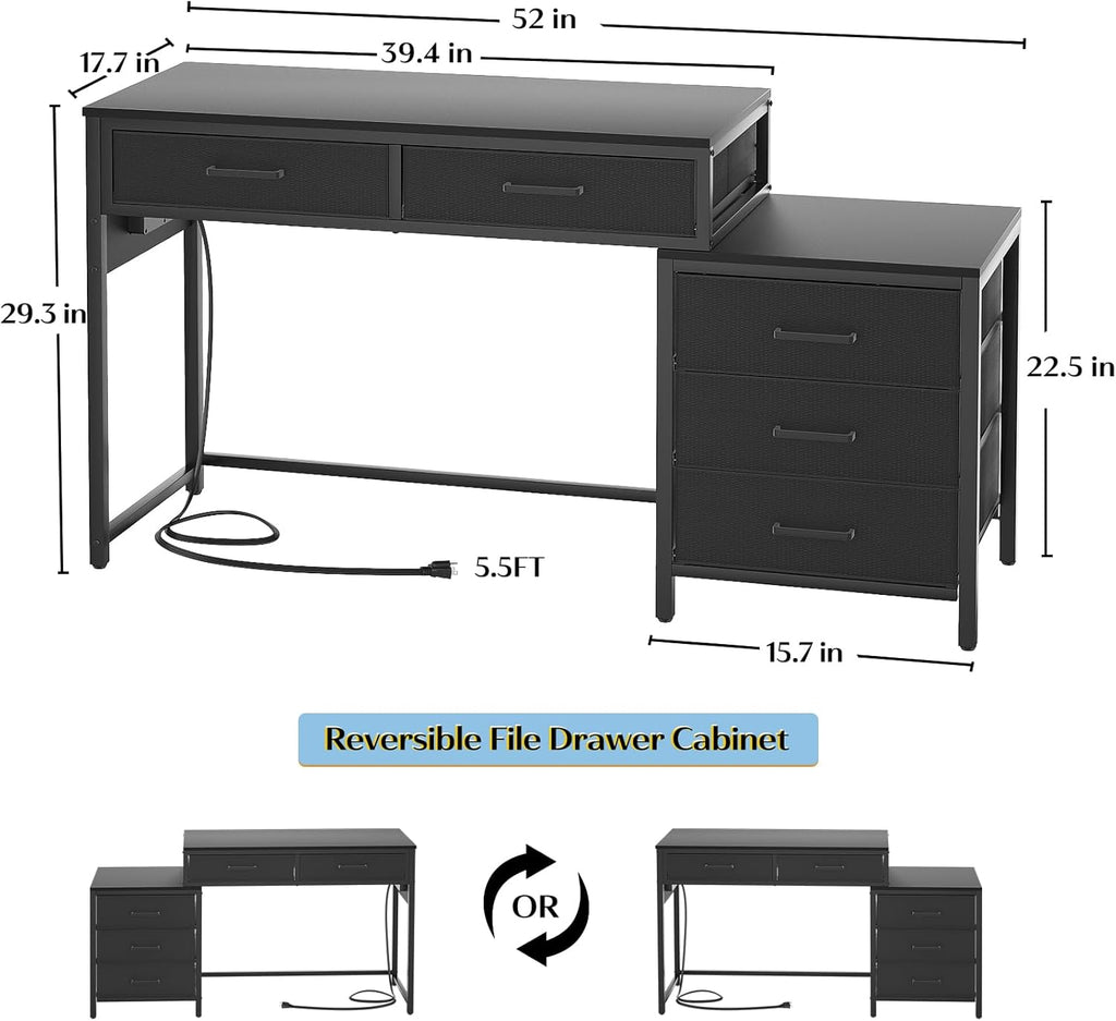 Black Computer Desk with 5 Drawers and Power Outlets T20717