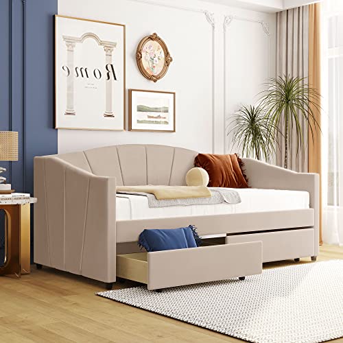 Beige Twin Size Upholstered Daybed with Two Storage Drawers A66066