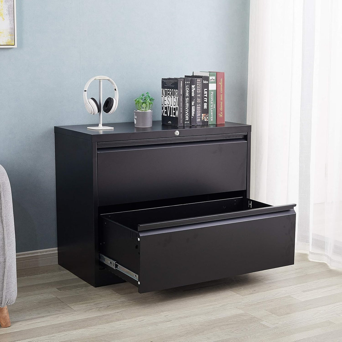 Black 2 Drawer Metal Lateral File Cabinet with Lock L6534