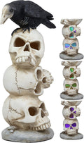 Gothic Raven Crow Bird Perching On Pole Totem Stacked Skulls with Color Changing LED Night Light Statue 11.75" Tall Skull Macabre Ossuary Figurine I9115