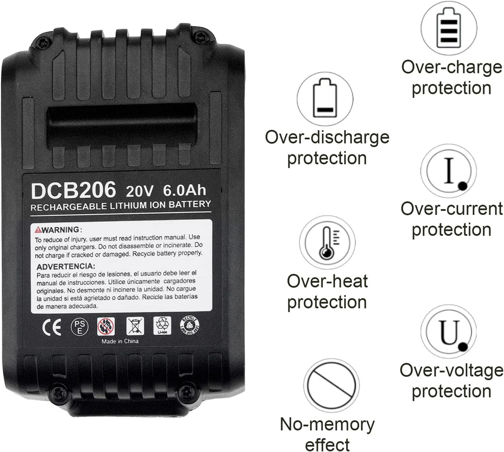 4 Packs 6.0Ah DCB206 Battery Compatible with Dewalt 20V Max Lithium E706
