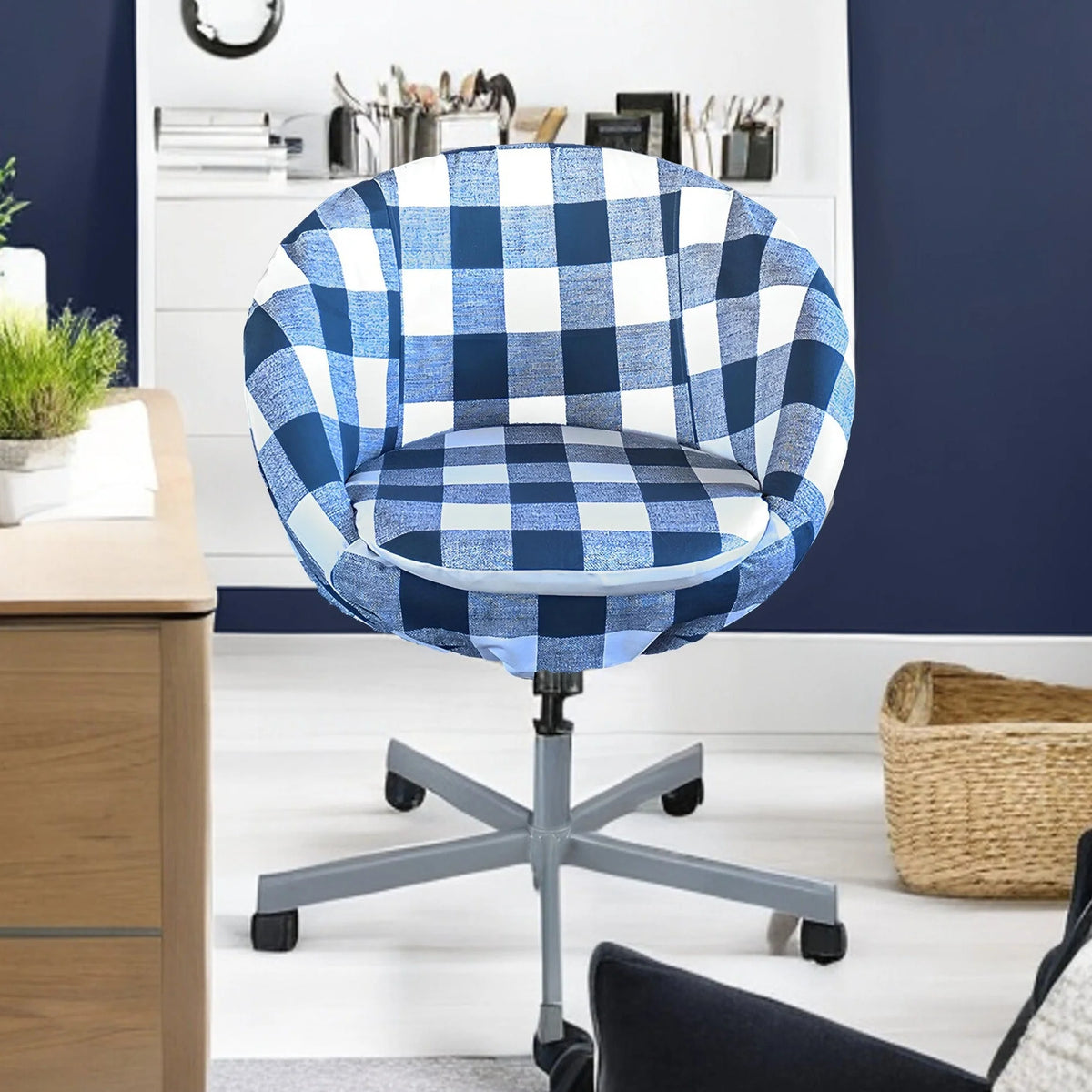 Navy Blue Buffalo Check Chair Slip Cover H489470