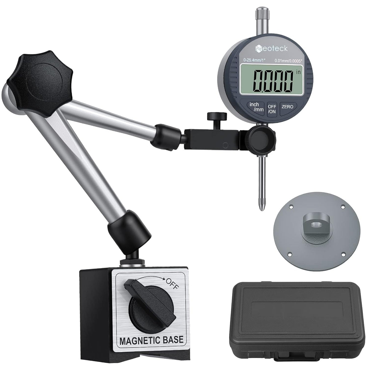 Digital Dial Indicator Gauge and Magnetic Base Set with Storage Case, 0-1inch/ 25.4mm, 0.01mm/ 0.0005 Inch, Black D159952