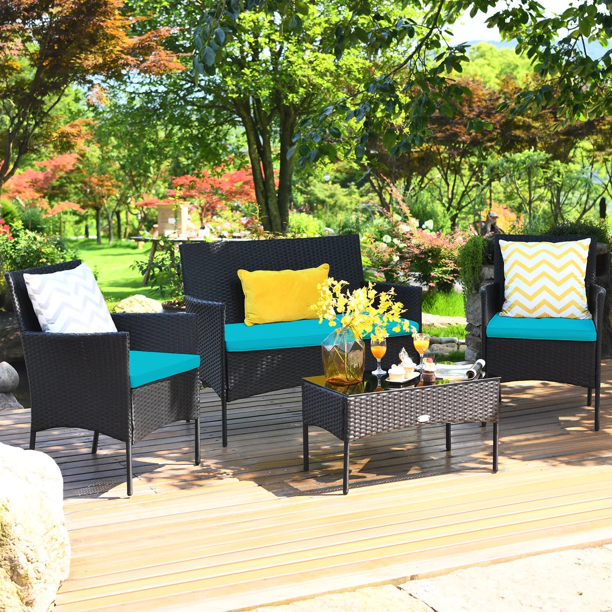 4 Pieces Patio Rattan Furniture Set Cushioned White B663