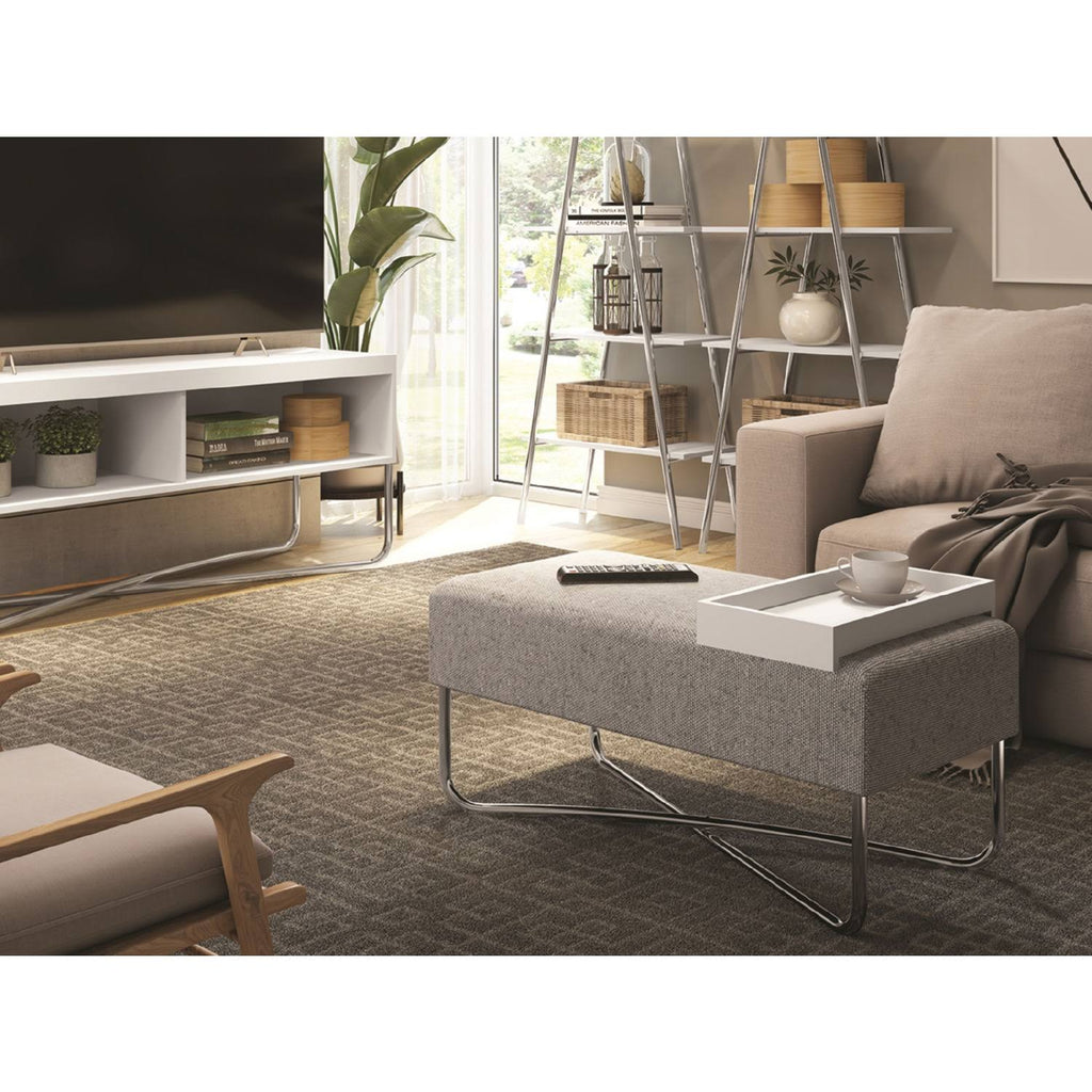 Light Gray Linen Fabric Bench with Chromed Base and White Tray D8783