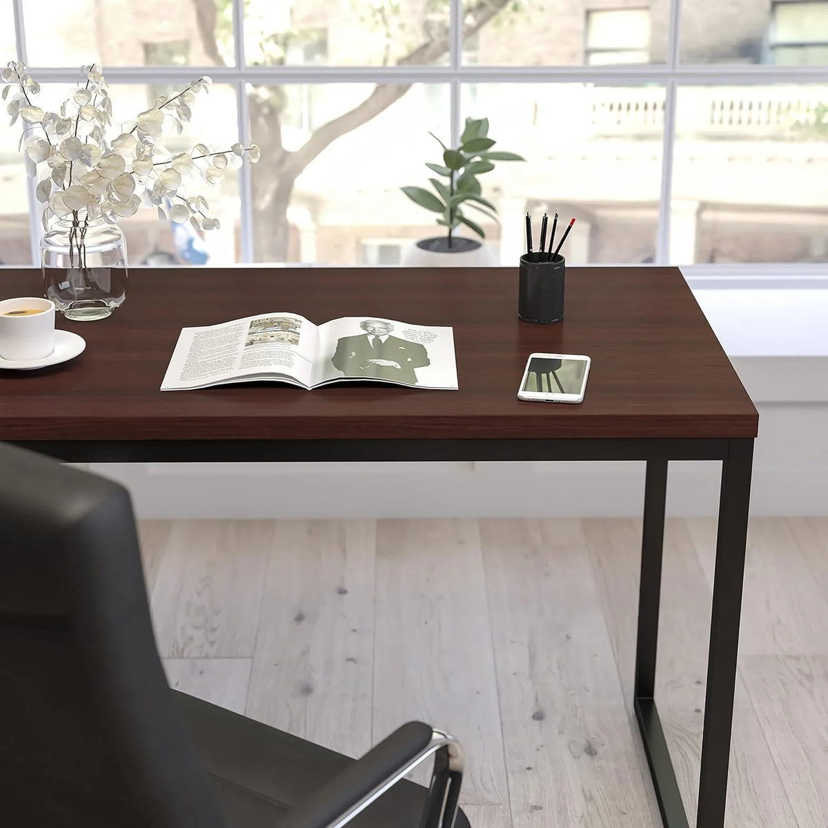 47 Inch Computer Desk with Red Mahogany Wood Grain Finish D1808