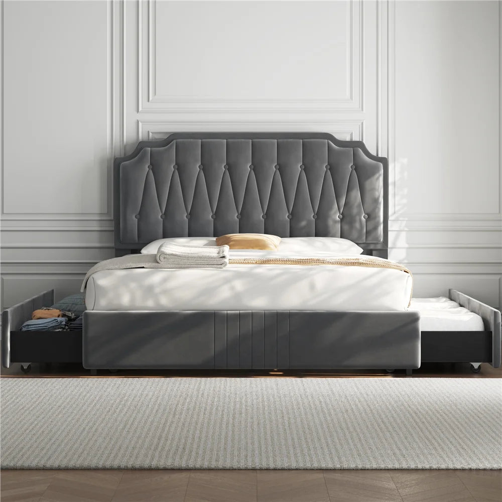 Queen Upholstered Bed with 4 Storage Drawers W352