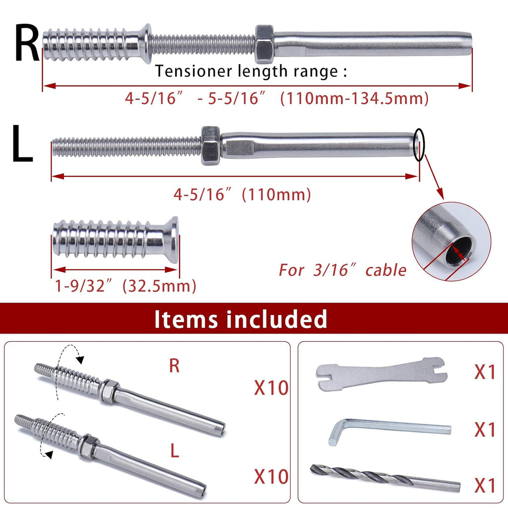 10Pair 3/16 T316 Cable Railing Kit Threaded Stud Hardware M71603