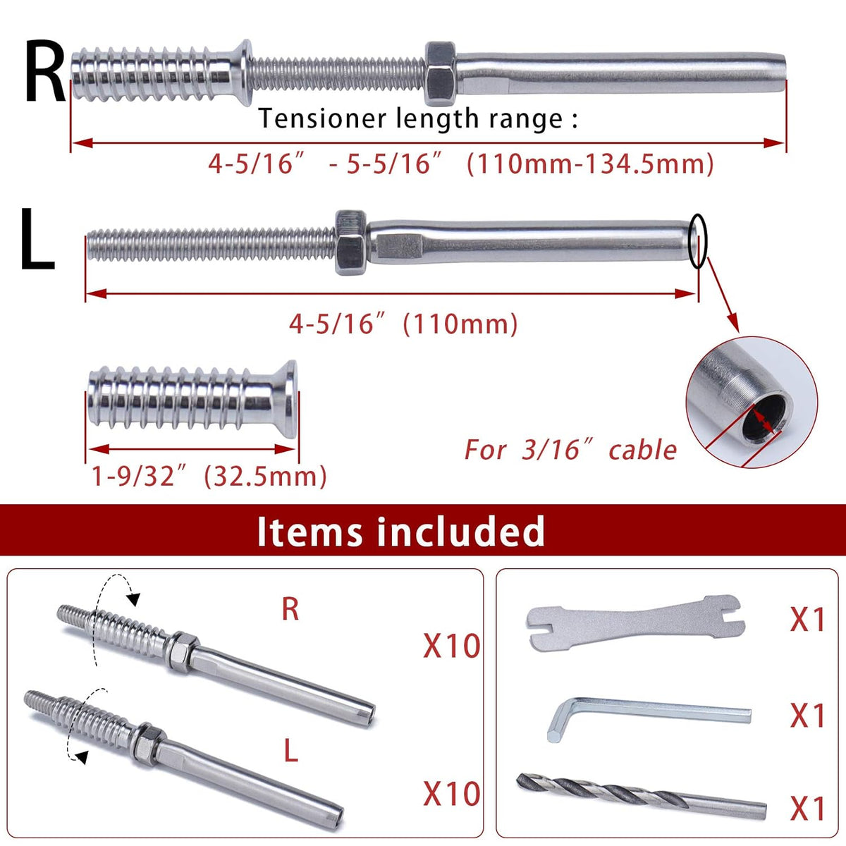 10Pair 3/16 T316 Cable Railing Kit Threaded Stud Hardware M71603