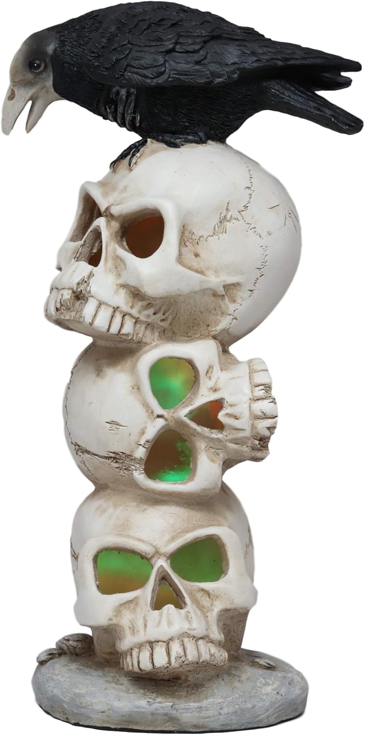 Gothic Raven Crow Bird Perching On Pole Totem Stacked Skulls with Color Changing LED Night Light Statue 11.75" Tall Skull Macabre Ossuary Figurine I9115