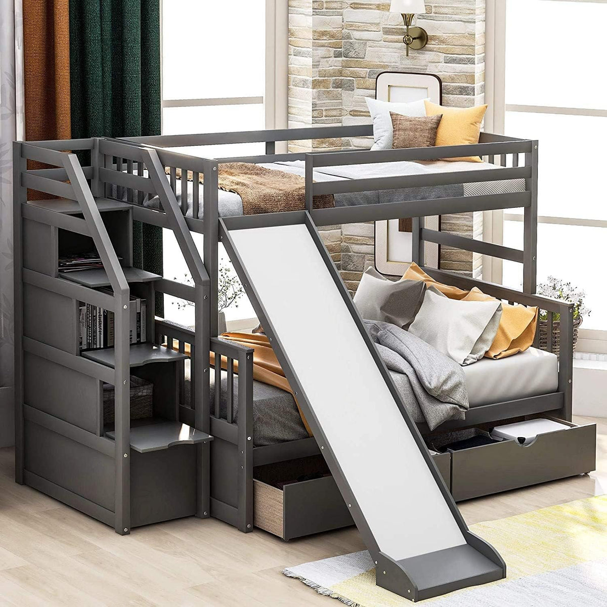 Grey Solid Wood Twin Over Twin Bunk Bed with Trundle and 4 Storage Drawers U151