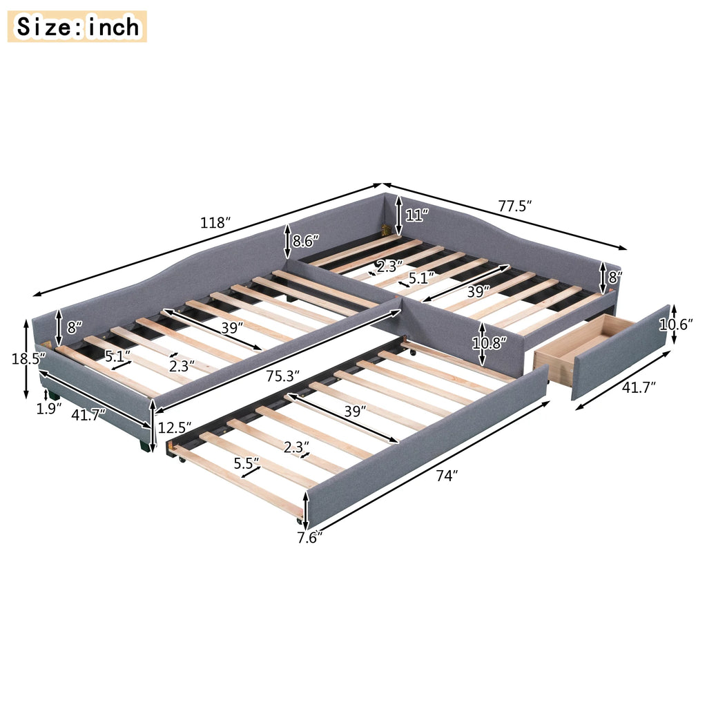 Gray L-Shaped Daybed with Trundle and Drawers, Twin Size Upholstered Sofa Bed X8841
