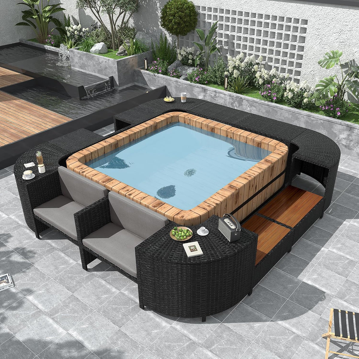 Gray Outdoor Rattan Sectional Sofa with Wooden Seats and Storage H6699