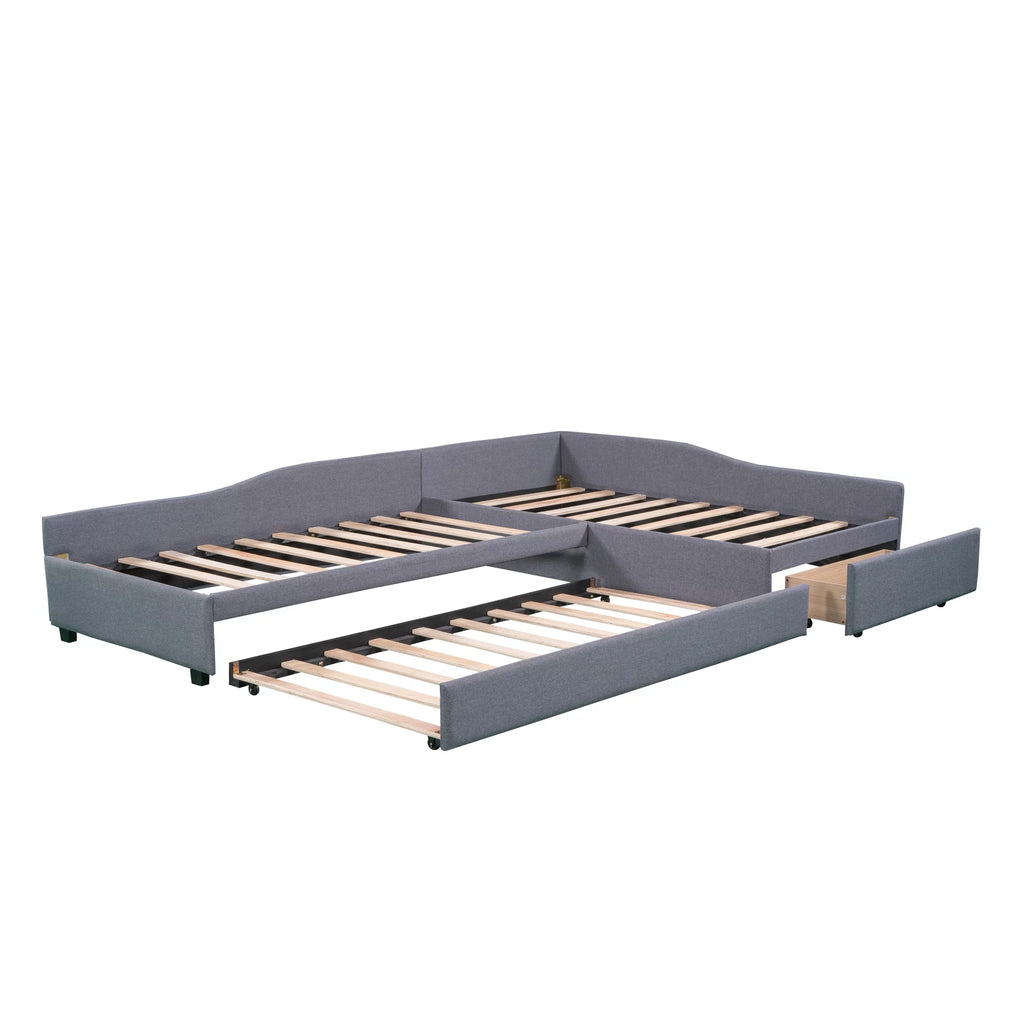 Gray L-Shaped Daybed with Trundle and Drawers, Twin Size Upholstered Sofa Bed X8841