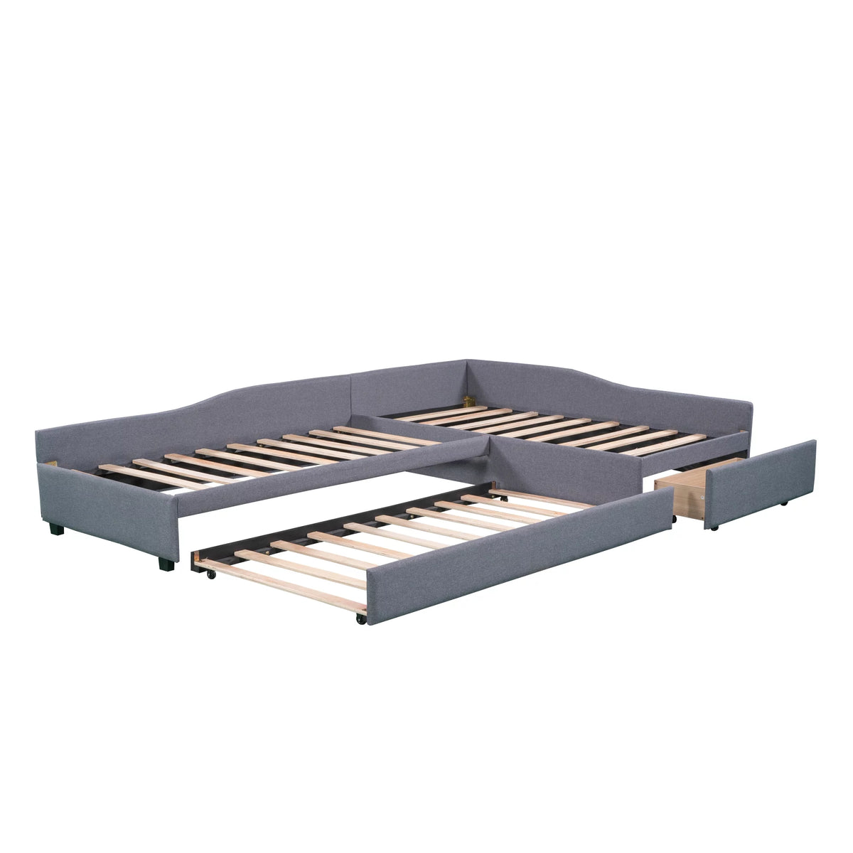 Gray L-Shaped Daybed with Trundle and Drawers, Twin Size Upholstered Sofa Bed X8841