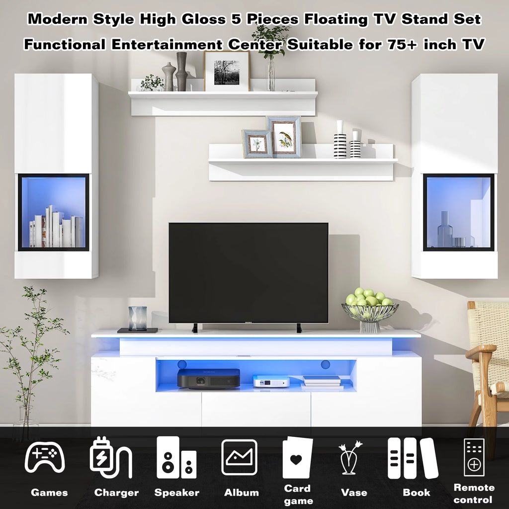 White High Gloss Wall Mounted TV Stand with LED Light Strips D351783