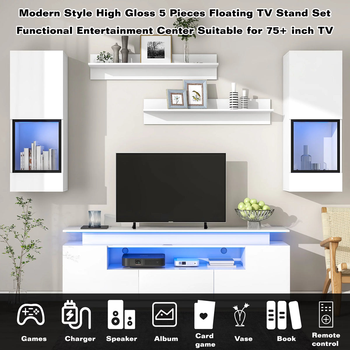 White High Gloss Wall Mounted TV Stand with LED Light Strips D351783