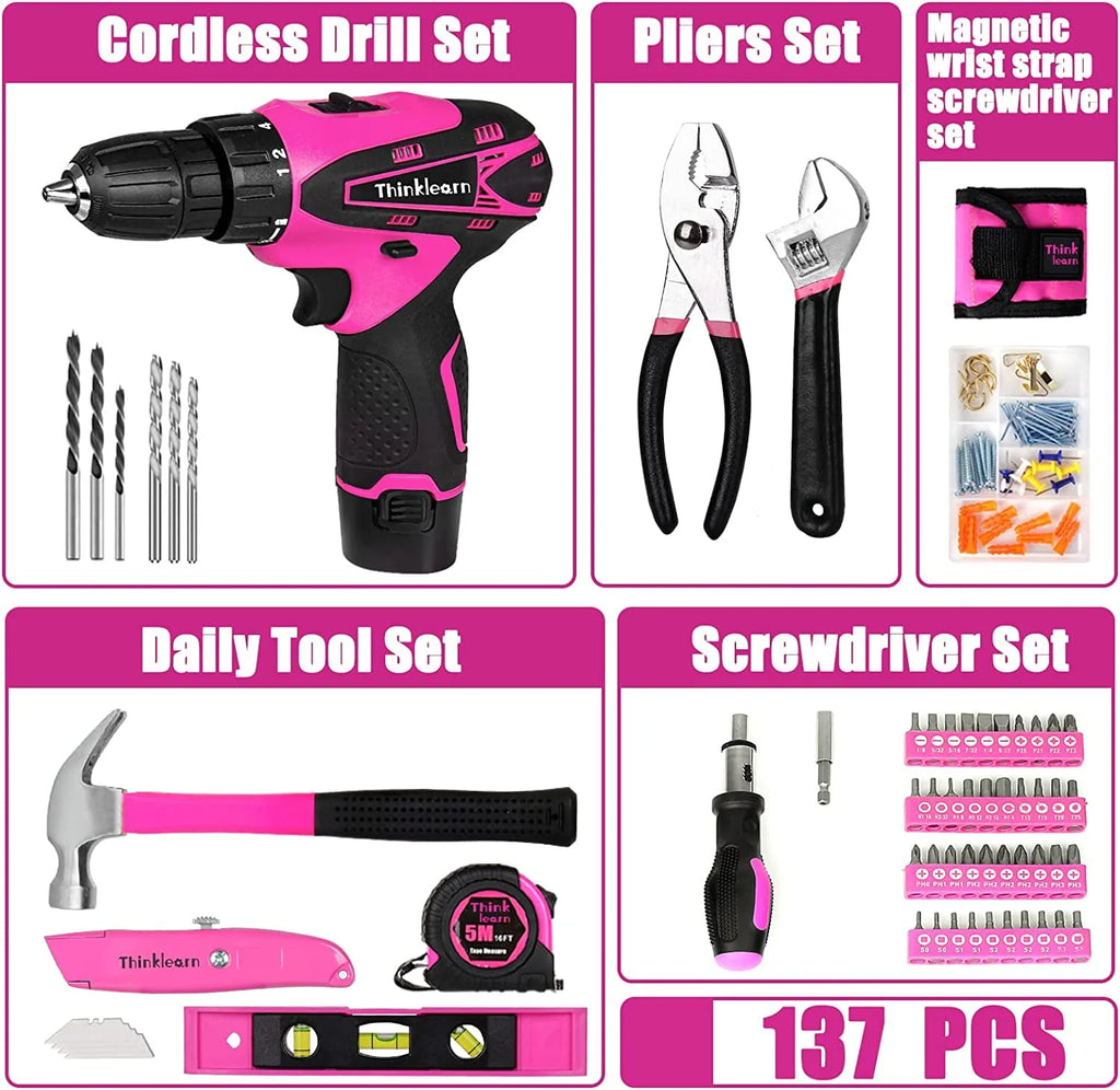 Pink 137 Piece Cordless Drill and Tool Set Y281