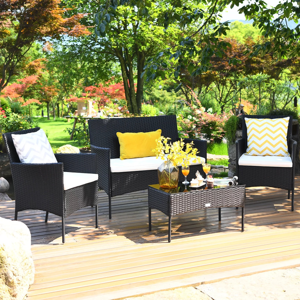 4 Pieces Patio Rattan Furniture Set Cushioned White B663