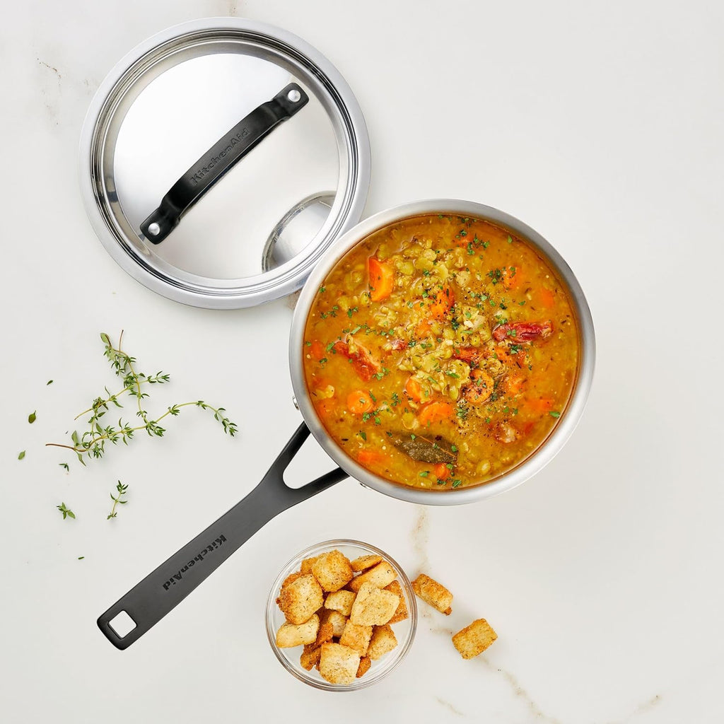 5-Ply Clad Polished Stainless Steel Saucepan with Lid, 3 Quart W976274